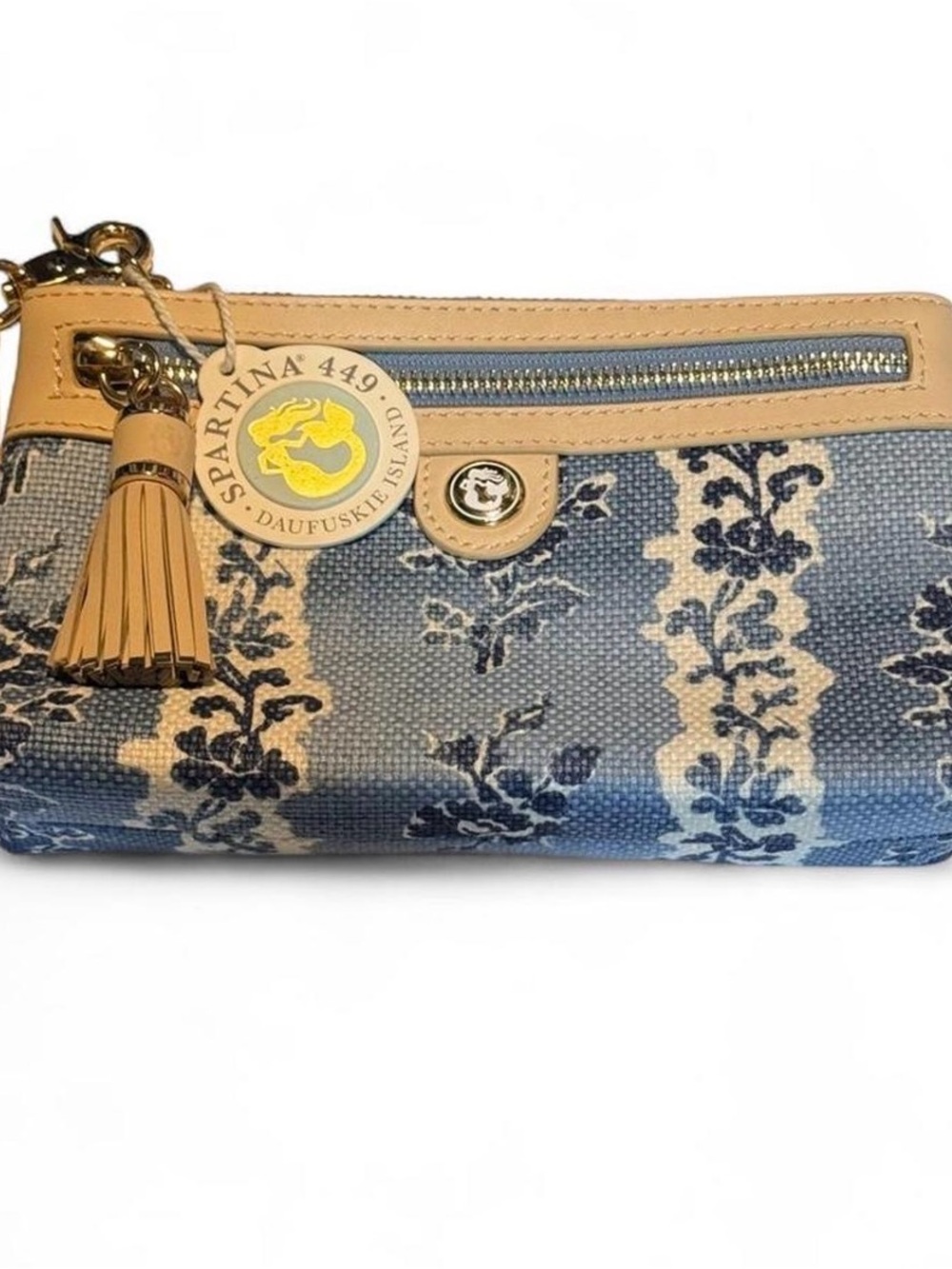 Spartina 449 Blue Floral Jacquard Wristlet with Tan Trim and Tassel